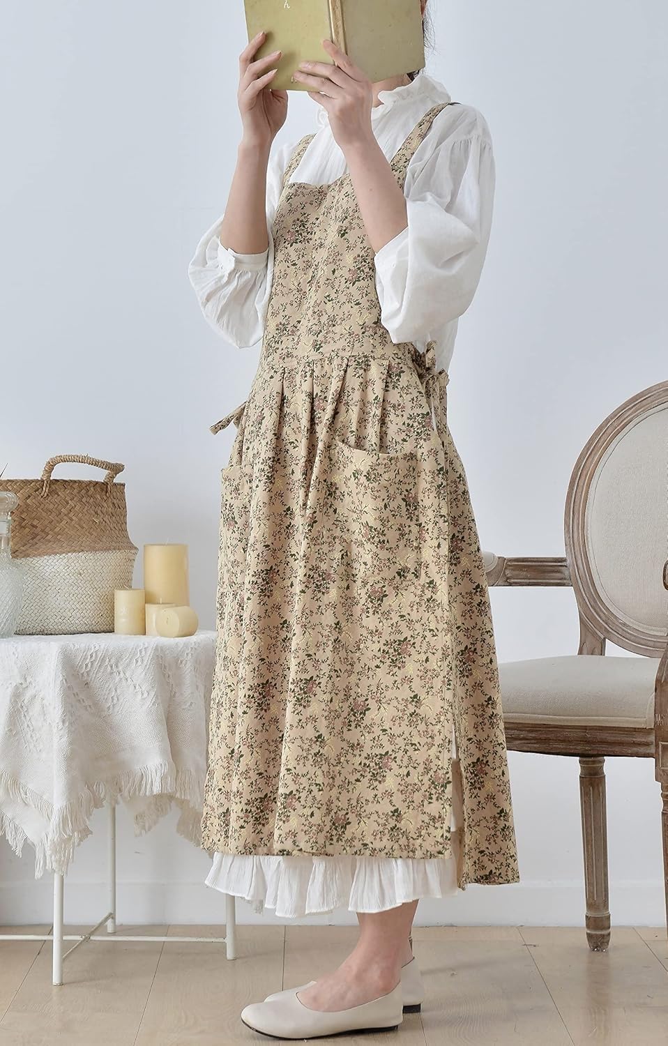 Kitchen Apron Floral Cotton Waterproof Women Apron Coffee Color