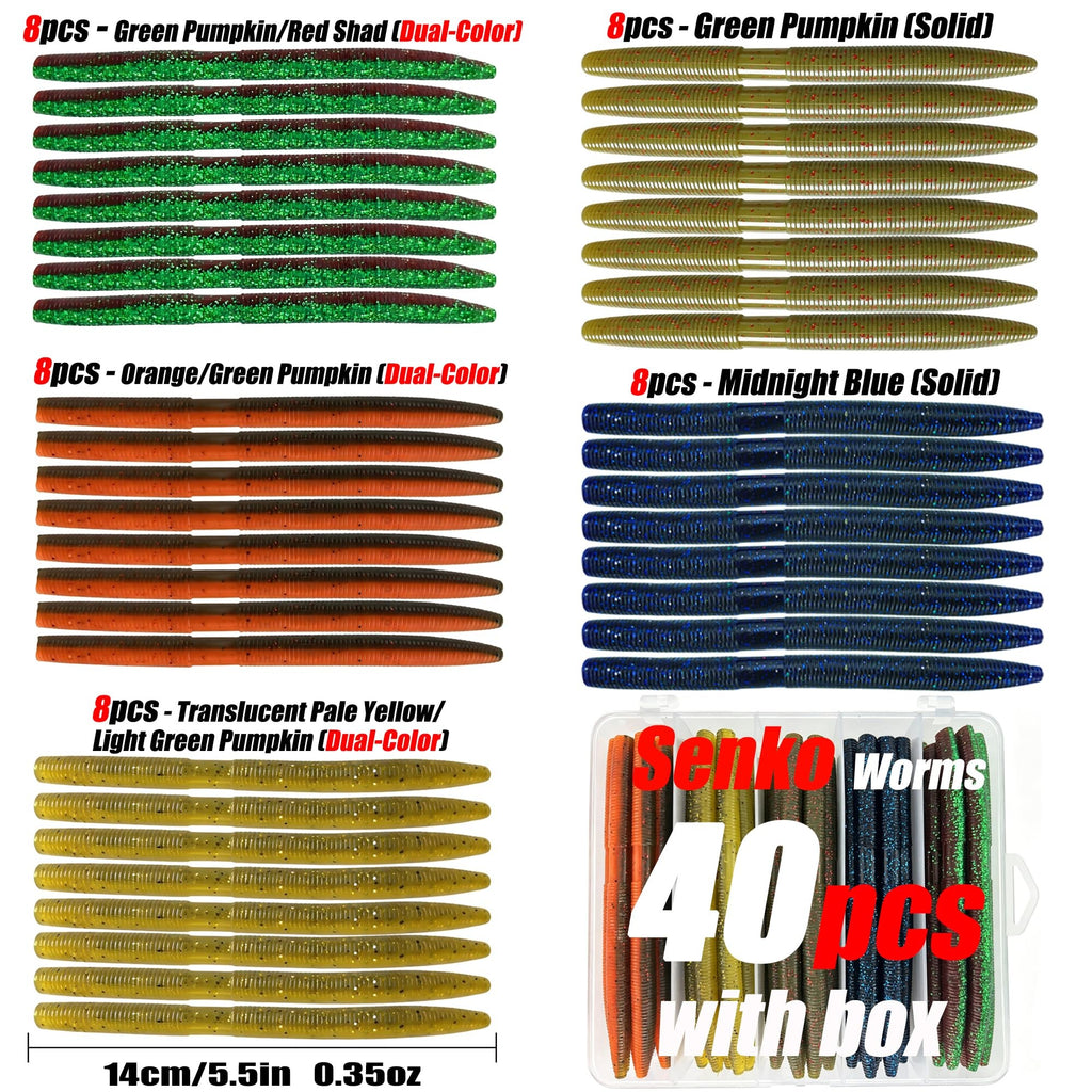Senko Worms 5.5" 40PCS - Natural Craw Mix Wacky Worm Lures for Bass