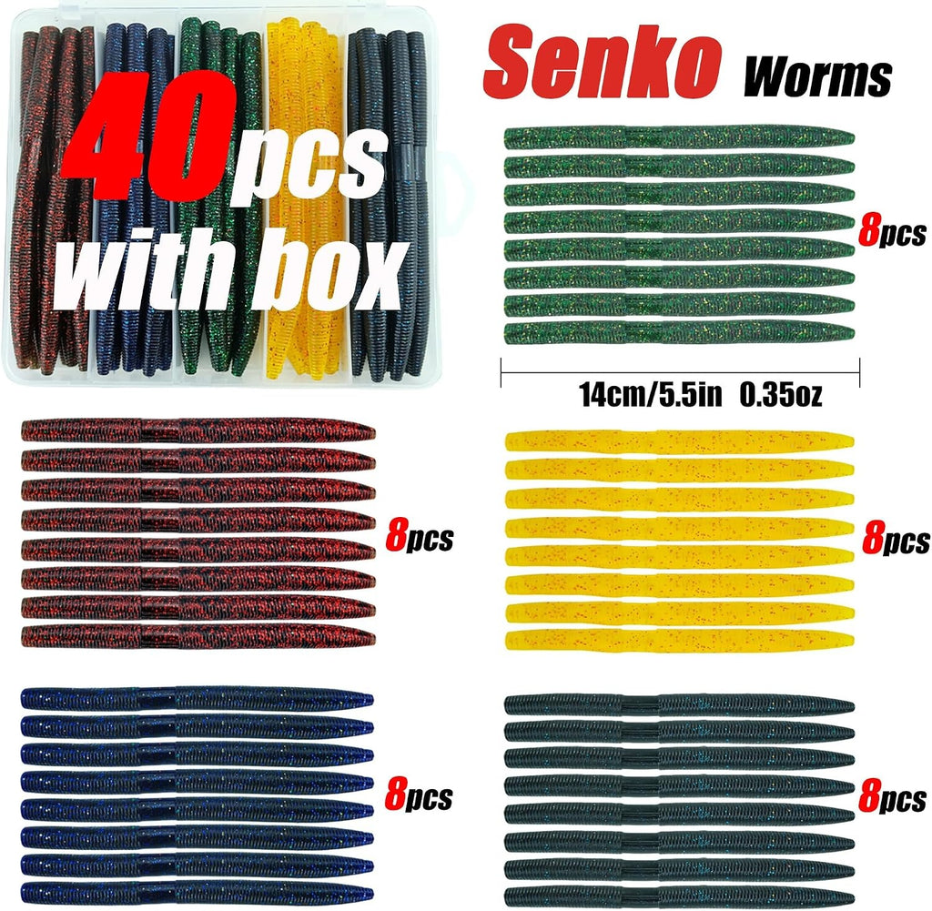 Senko Worms 5.5" 40PCS - Flash Mix Wacky Worm Lures for Bass