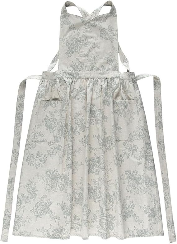 Kitchen Apron Floral Cotton Waterproof Women Apron Beige Color With Blue Flowers