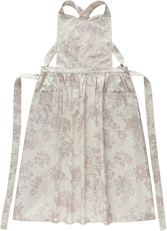 Kitchen Apron Floral Cotton Waterproof Women Apron Beige Color With Purple Flowers