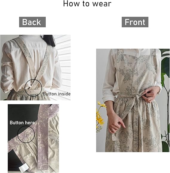 Kitchen Apron Floral Cotton Waterproof Women Apron Beige Color With Purple Flowers