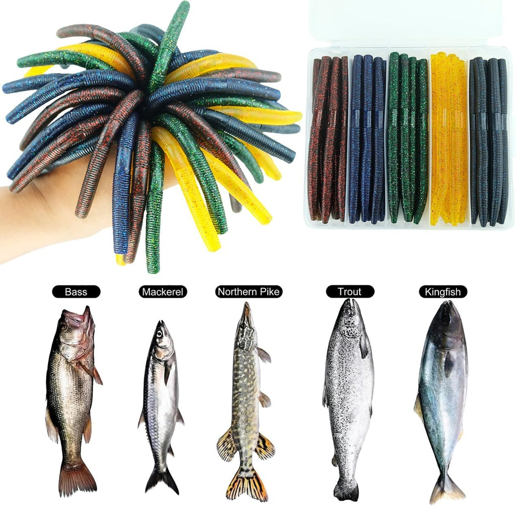 Senko Worms 5.5" 40PCS - Flash Mix Wacky Worm Lures for Bass