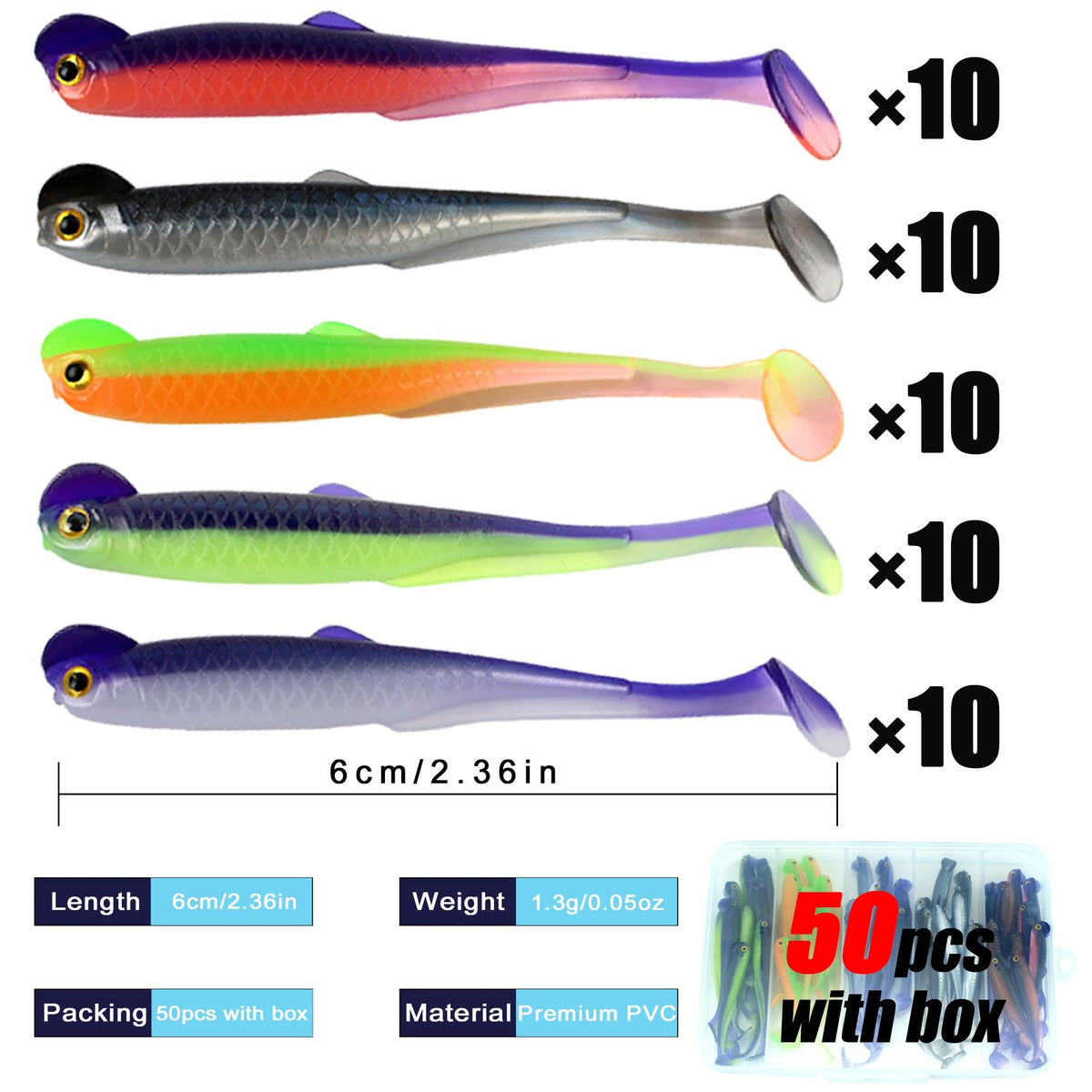 Paddle Tail Swimbaits 2.36'' 50PCS - Mini Fish Assorted Soft Lures Kit