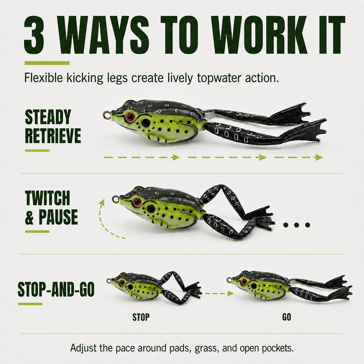 Frog Lures 2.36'' 5-Pack - Rotating Leg Fire Series Topwater Baits for Bass