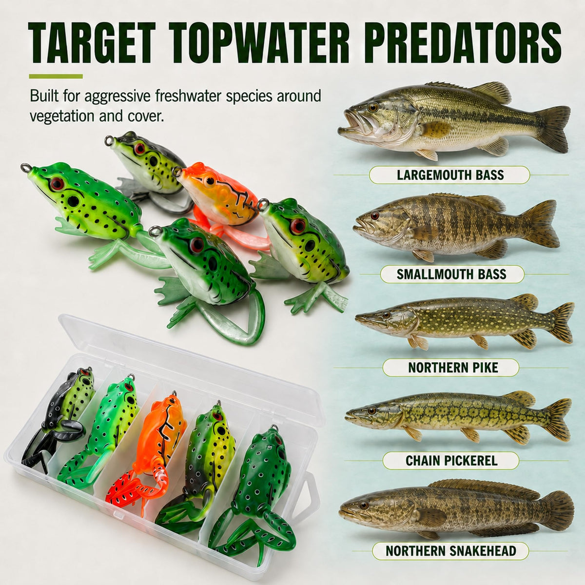 Frog Lures 2.36'' 5-Pack - Rotating Leg Fire Series Topwater Baits for Bass