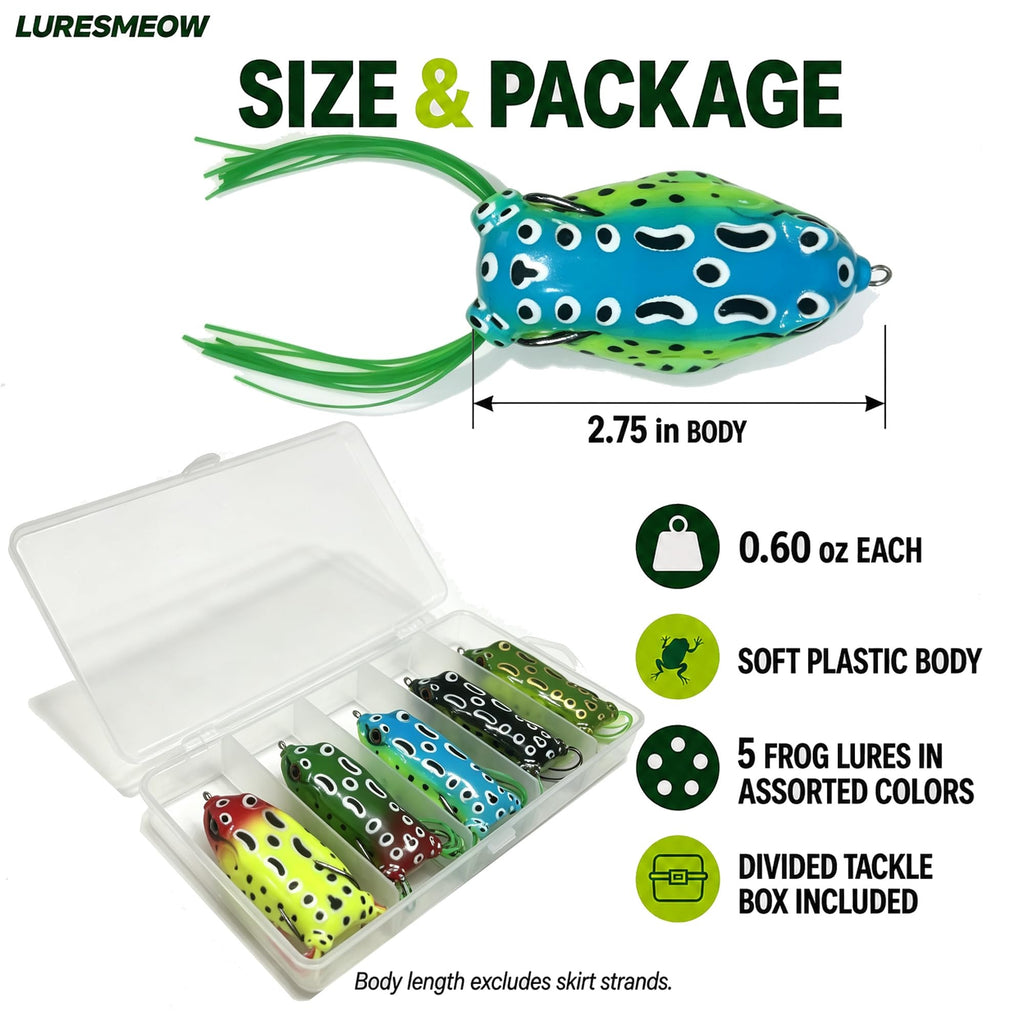 Frog Lures 2.75'' 5-Pack - Skirt Frog Classic Long Topwater Weedless Baits